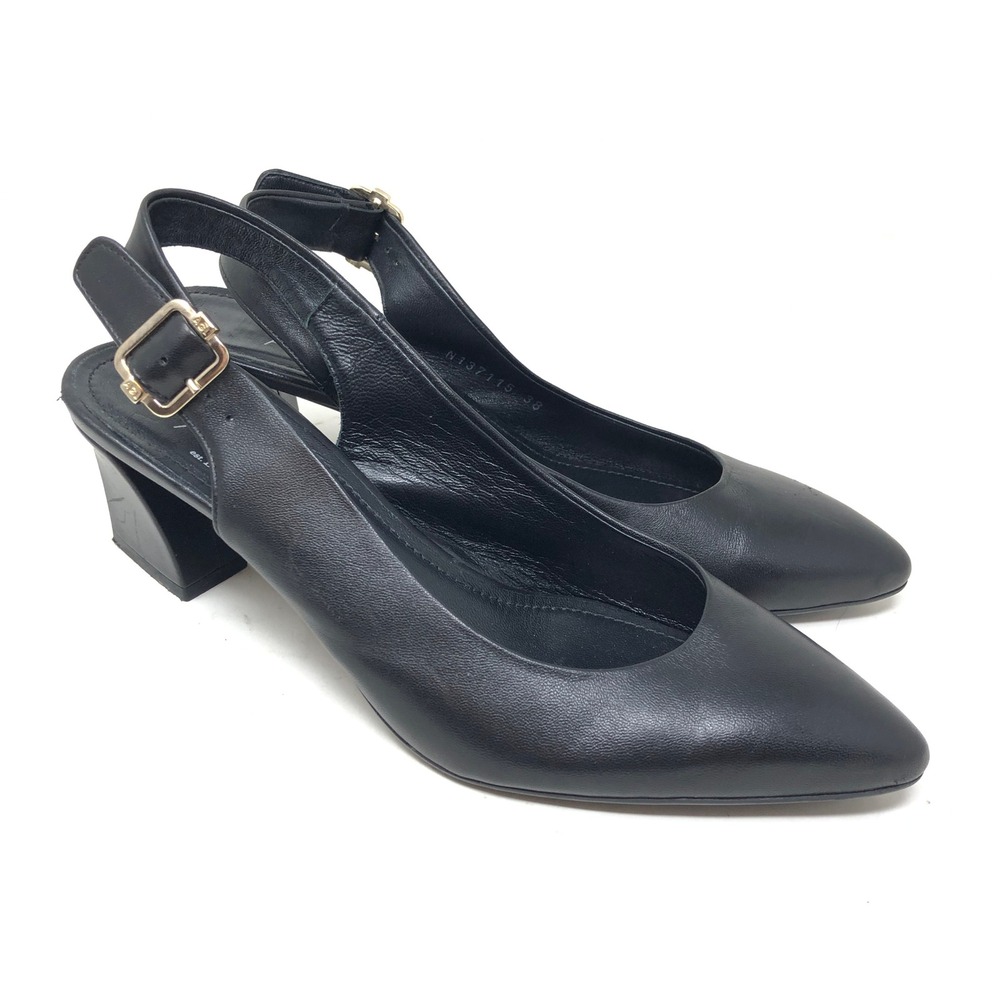 AGL Slingback Womens 38 Dahlia Pumps Black Leather Block Heel Point Toe